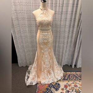 Rachel Allan Nude and White Lace Prom Dress